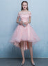 Pink Off Shoulder Tulle High Low Homecoming Dresses, Short Pink Prom Dress