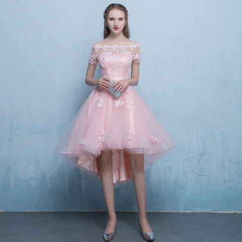 Pink Off Shoulder Tulle High Low Homecoming Dresses, Short Pink Prom Dress