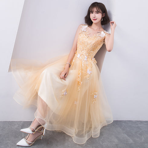 Lovely Champapgne Tulle Tea Length Party Dress with Butterfly, Cute Short Homecoming Dress