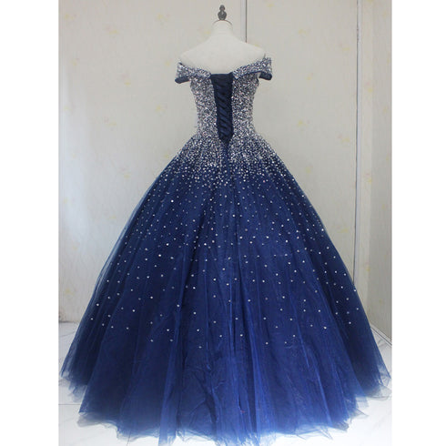 Blue Sparkle Off Shoulder Ball Party Dress , Handmade Beaded Party Dress