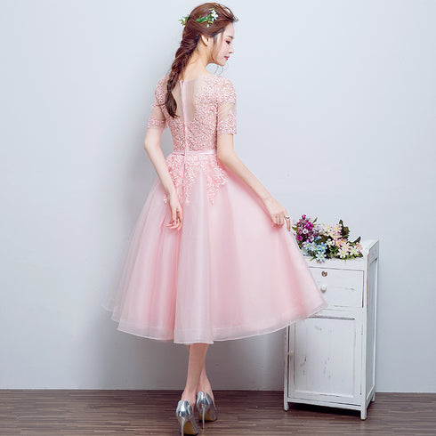 Beautiful Pink Tulle Tea Length Bridesmaid Dresses, Tulle with Lace Party Dresses