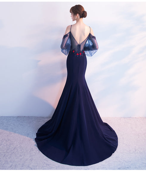 Navy Blue Mermaid V Back Puffy Sleeves Evening Dress, Blue Prom Dress Wedding Party Dress