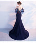 Navy Blue Mermaid V Back Puffy Sleeves Evening Dress, Blue Prom Dress Wedding Party Dress