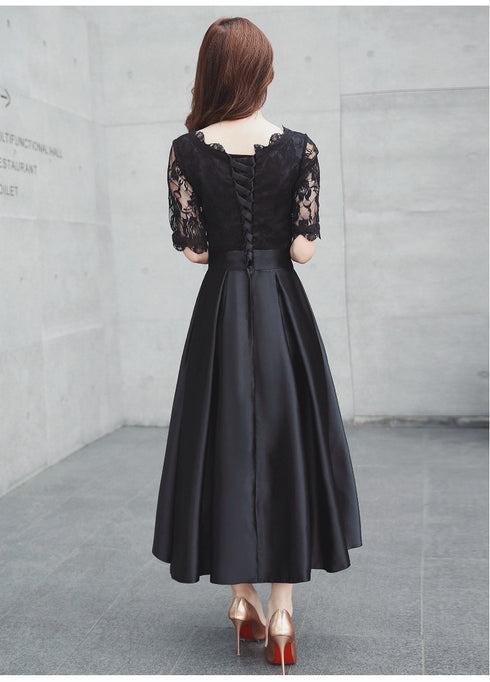 Black Satin with Lace Short Sleeves Long A-line Wedding Party Dress, Black Formal Dress