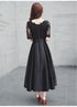 Black Satin with Lace Short Sleeves Long A-line Wedding Party Dress, Black Formal Dress