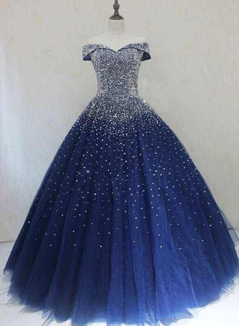Blue Sparkle Off Shoulder Ball Party Dress , Handmade Beaded Party Dress