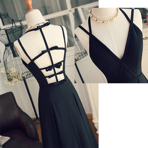 Beautiful Black Chiffon Straps Long A-line Junior Prom Dress, Black Party Gowns