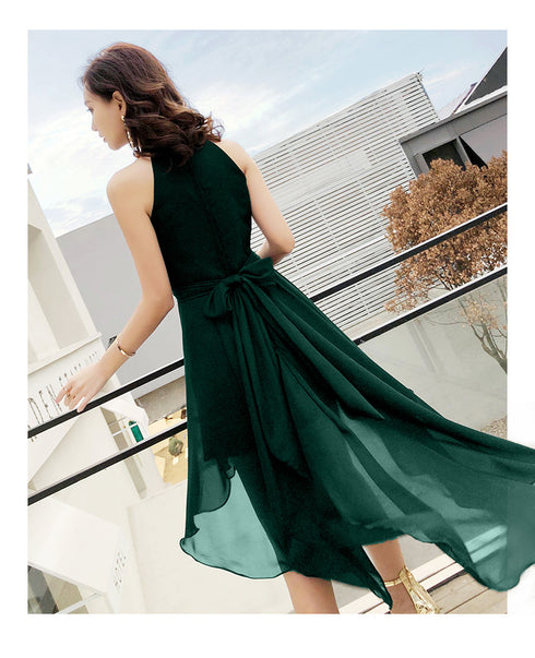 Green Chiffon High Low Bridesmaid Dress Party Dress, High Neckline Prom Dresses