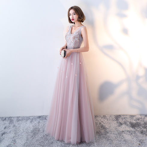 Pink Beaded V-neckline Tulle Long Party Dresses, Pink Formal Dresses Evening Dresses