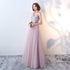Pink Beaded V-neckline Tulle Long Party Dresses, Pink Formal Dresses Evening Dresses