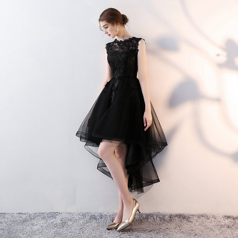 Black Tulle Round Neckline High Low Party Dress, Black Homecoming Dress