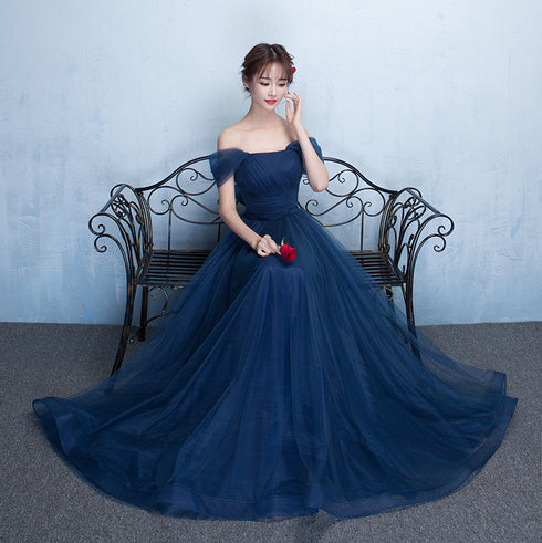 Navy Blue Off Shoulder Princess Long Party Dress, A-line Junior Prom Dress