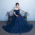 Navy Blue Off Shoulder Princess Long Party Dress, A-line Junior Prom Dress