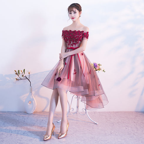 Pink High Low Tulle Party Dress with Flowers, Pink Homecoming Dresses