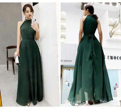 Dark Green Chiffon Halter Floor Length Wedding Party Dress, Green Long Prom Dress