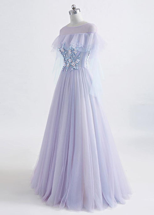 Beautiful Lavender Off Shoulder Flower Lace Long Party Dress, A-line Purple Prom Dress Formal Dress