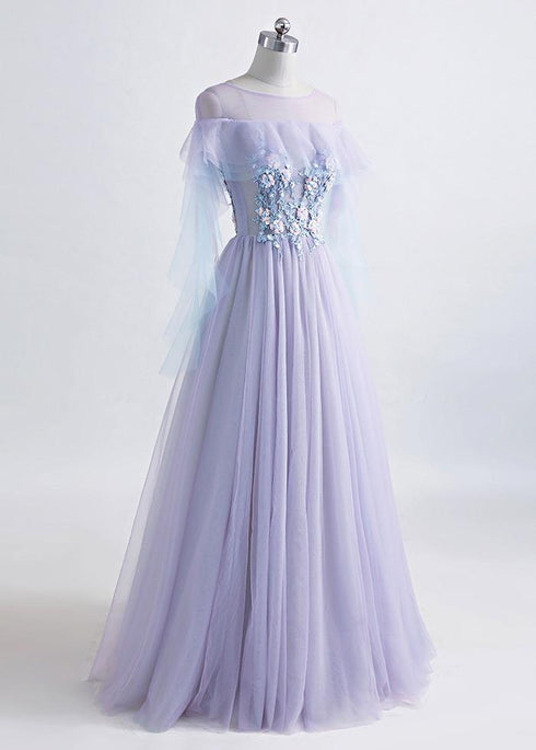 Beautiful Lavender Off Shoulder Flower Lace Long Party Dress, A-line Purple Prom Dress Formal Dress