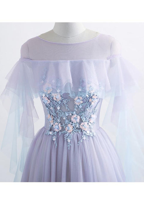 Beautiful Lavender Off Shoulder Flower Lace Long Party Dress, A-line Purple Prom Dress Formal Dress