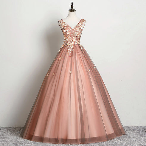 Beautiful V-neckline Tulle Ball Gown Pink Sweet 16 Dresses, Ball Gown Lace Applique Quinceanera Dress