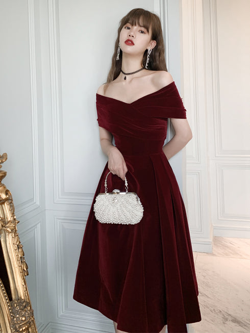Charming Wine Red Velvet Sweetheart Bridesmaid Dress, Wine Red Prom Dress Party Dress
