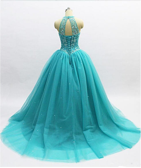Teal Blue Tulle Beaded Ball Gown High Neckline Sweet 16 Dress, Blue Quinceanera Dresses