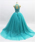 Teal Blue Tulle Beaded Ball Gown High Neckline Sweet 16 Dress, Blue Quinceanera Dresses