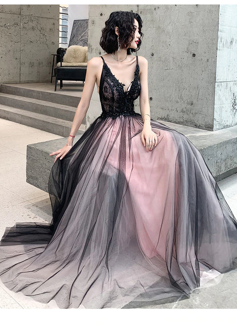 Pink and Black Stylish Tulle with Lace Long Formal Dresses, A-line Tulle Evening Dresses