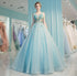 Mint Blue Flowers Tulle V-neckline Long Sweet 16 Dress, Blue Party Dress Formal Dress