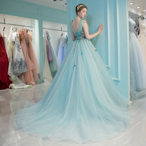 Mint Blue Flowers Tulle V-neckline Long Sweet 16 Dress, Blue Party Dress Formal Dress