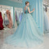 Mint Blue Flowers Tulle V-neckline Long Sweet 16 Dress, Blue Party Dress Formal Dress