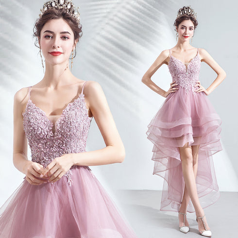 V-neckline Lace Applique Straps High Low Party Dress, Pink Tulle Homecoming Dress