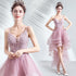 V-neckline Lace Applique Straps High Low Party Dress, Pink Tulle Homecoming Dress