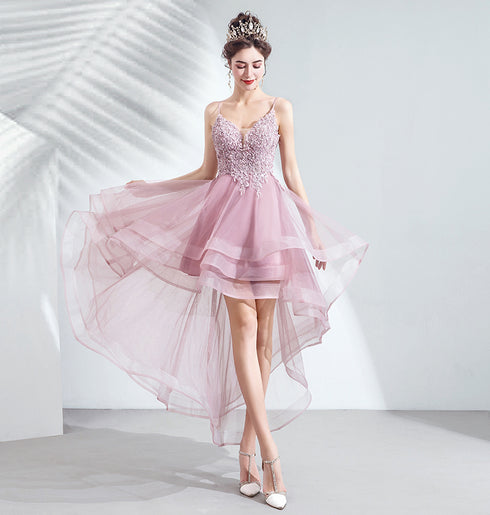 V-neckline Lace Applique Straps High Low Party Dress, Pink Tulle Homecoming Dress
