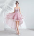 V-neckline Lace Applique Straps High Low Party Dress, Pink Tulle Homecoming Dress