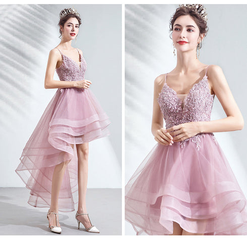 V-neckline Lace Applique Straps High Low Party Dress, Pink Tulle Homecoming Dress