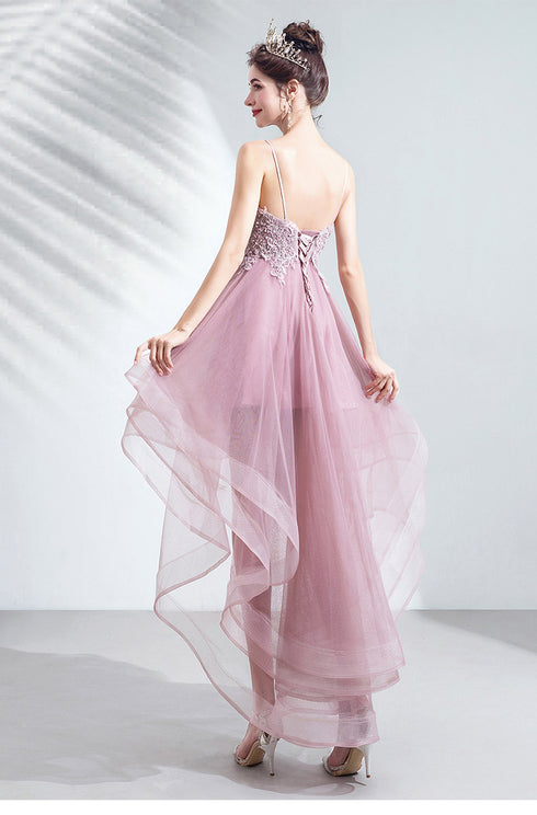 V-neckline Lace Applique Straps High Low Party Dress, Pink Tulle Homecoming Dress