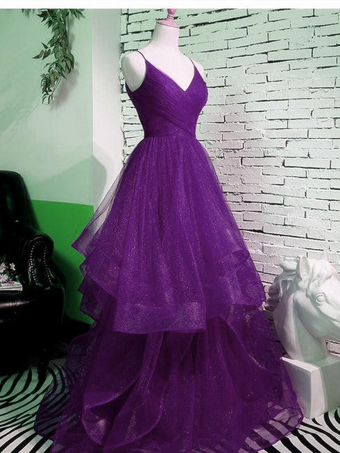 Beautiful Purple V-neckline Straps Layers Tulle Party Gown, Purple Evening Dress