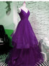 Beautiful Purple V-neckline Straps Layers Tulle Party Gown, Purple Evening Dress