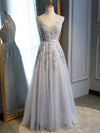 Gray Tulle with Lace Long Prom Dresses, A-line Floor Length Gray Evening Dresses, Gray Bridesmaid Dresses