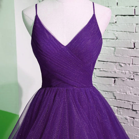 Beautiful Purple V-neckline Straps Layers Tulle Party Gown, Purple Evening Dress