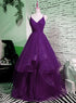 Beautiful Purple V-neckline Straps Layers Tulle Party Gown, Purple Evening Dress