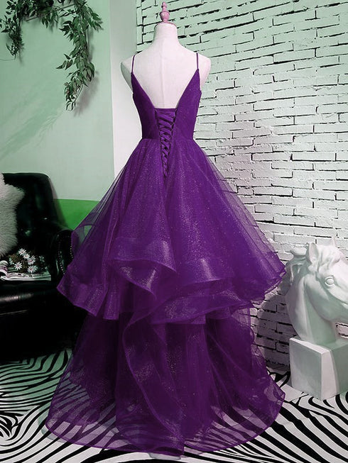 Beautiful Purple V-neckline Straps Layers Tulle Party Gown, Purple Evening Dress