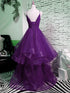 Beautiful Purple V-neckline Straps Layers Tulle Party Gown, Purple Evening Dress