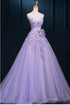 Light Purple Tulle Long Sweet 16 Dress with Bow, Lace Applique Purple Prom Dress Party Dress