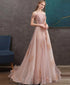Pink Tulle A-line Off-the-shoulder Long Prom Dresses Lace Evening Dress, Pink Party Dress