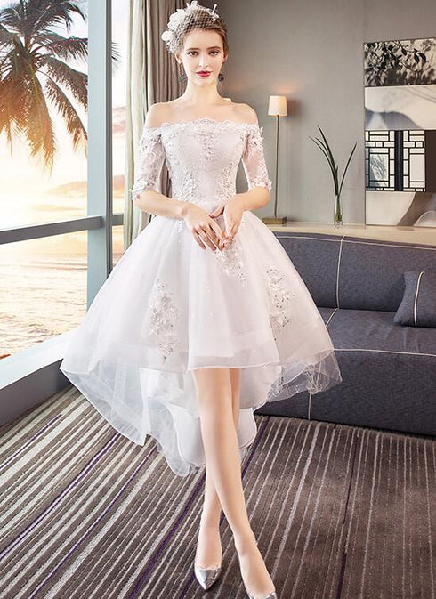 White Off Shoulder High Low Tulle Party Dress, Tulle with Lace Applique Graduation Dress Party Dress