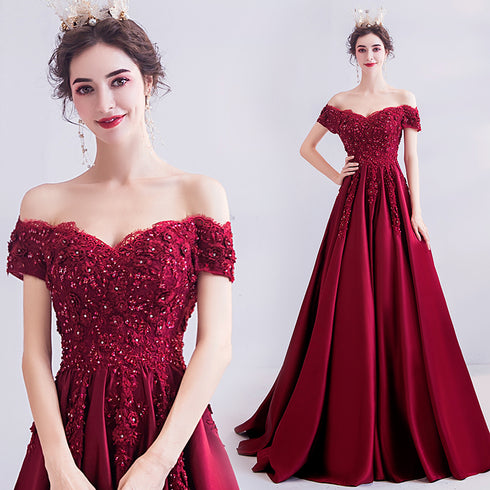 Wine Red Beaded and Lace Off Shoulder Long Party Dress, Wine Red Floor Length Prom Dress