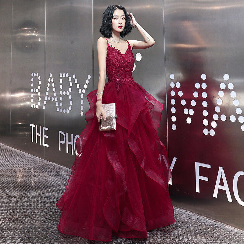 Wine Red Lace Applique V-neckline Long Straps Formal Dress, Dark Red Prom Dresses US size 10 / Wine Red Wine Red Lace Applique V-neckline Long Straps Formal Dress, Dark Red Prom Dresses US size 10 / Wine Red