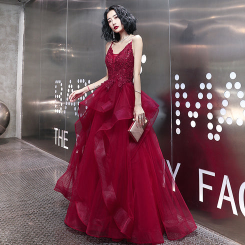 Wine Red Lace Applique V-neckline Long Straps Formal Dress, Dark Red Prom Dresses