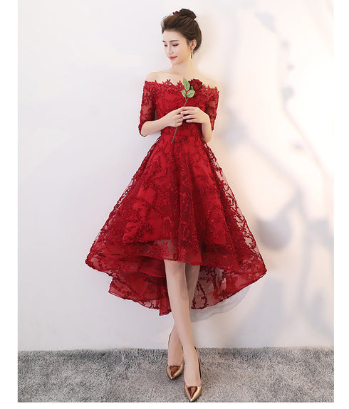 Wine Red Lace High Low Lovely Short Off Shoulder Party Dress, High Low Homeocming Dress Prom Dress